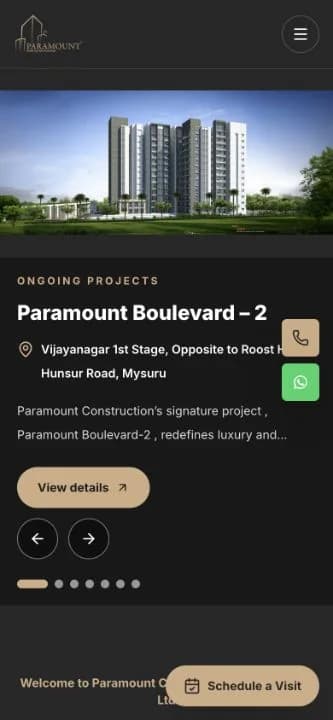 Paramount Constructions homepage at a 390 pixel mobile viewport