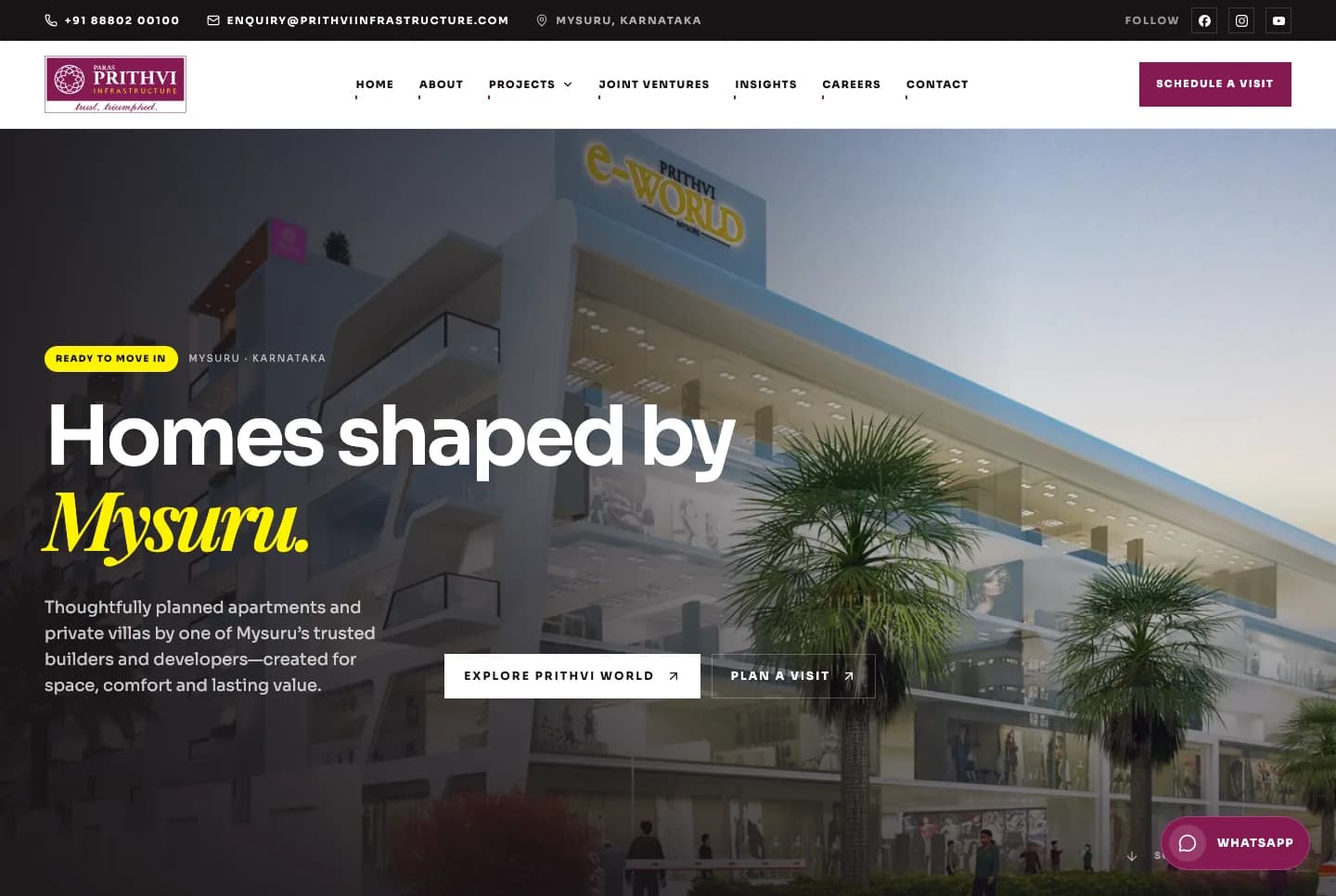 Prithvi Infrastructure website homepage design shown in a desktop browser