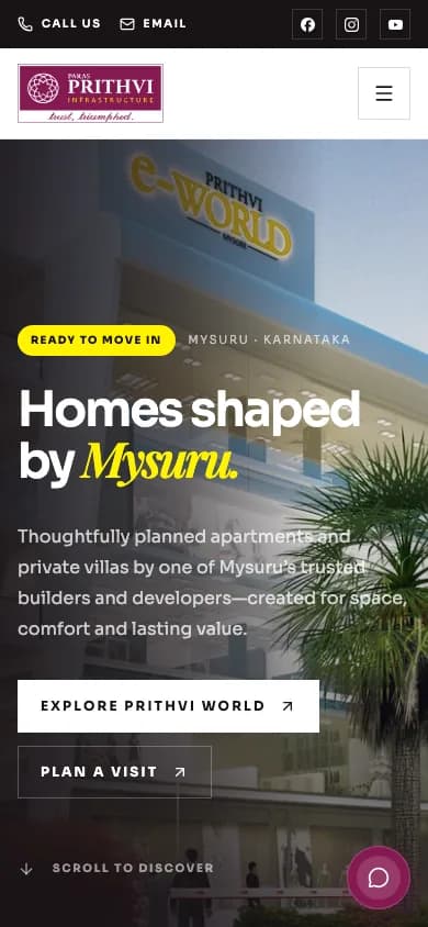 Prithvi Infrastructure homepage at a 390 pixel mobile viewport