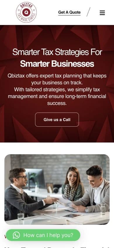Qbiz Tax homepage at a 390 pixel mobile viewport