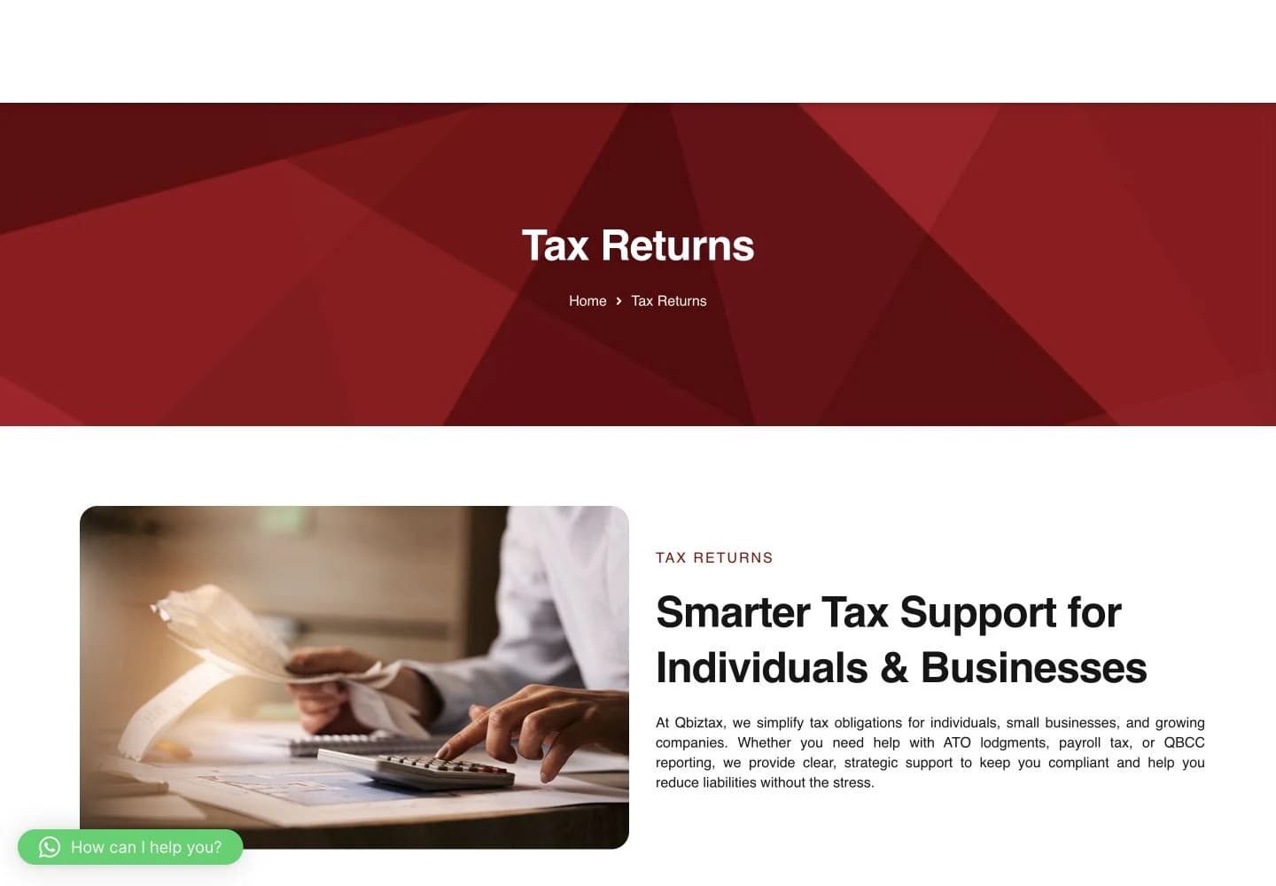 Qbiz Tax Returns service page shown in a desktop browser