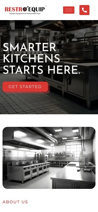 RestroEquip website shown at mobile viewport