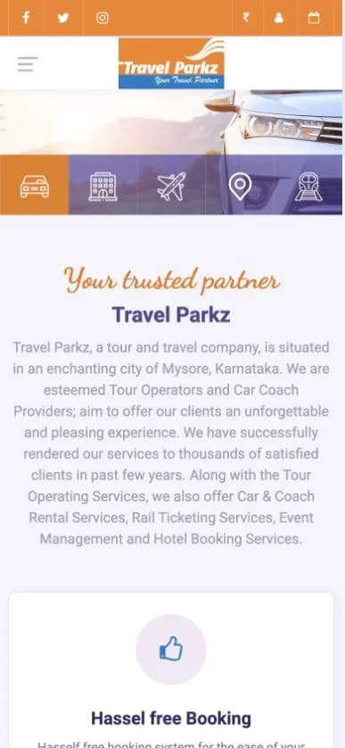 Travel Parkz website shown at mobile viewport