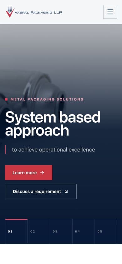 Vaspal Packaging responsive homepage at a 390 pixel mobile viewport