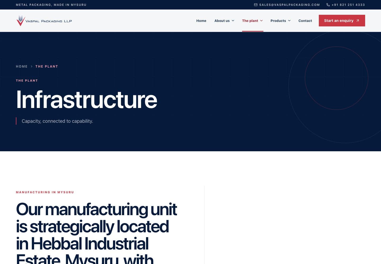 Vaspal Packaging infrastructure page captured at desktop size