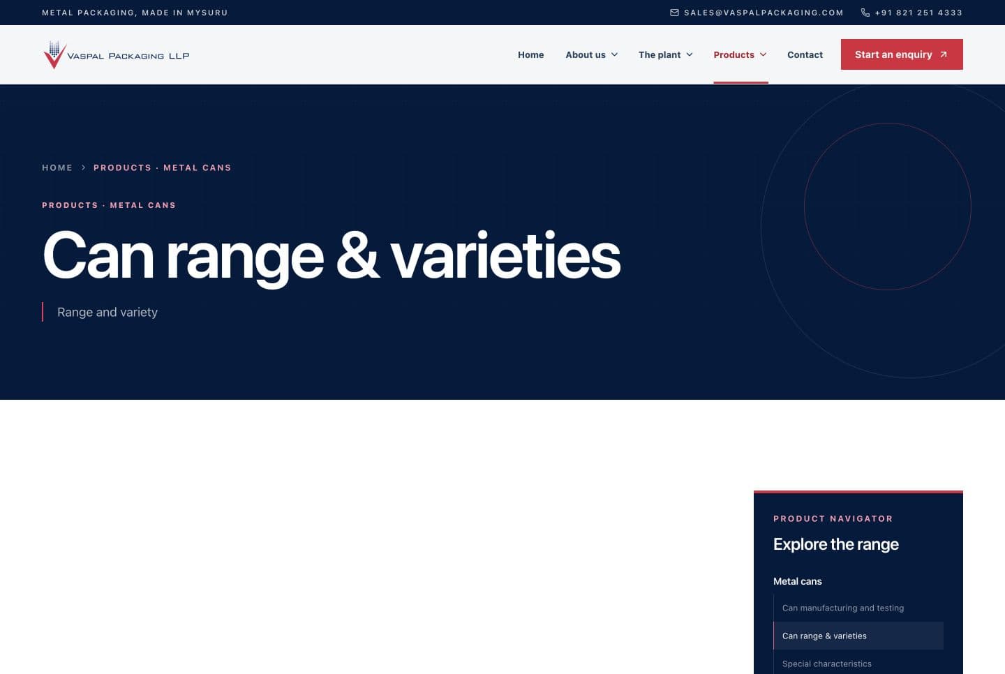 Vaspal can range and varieties page captured at desktop size