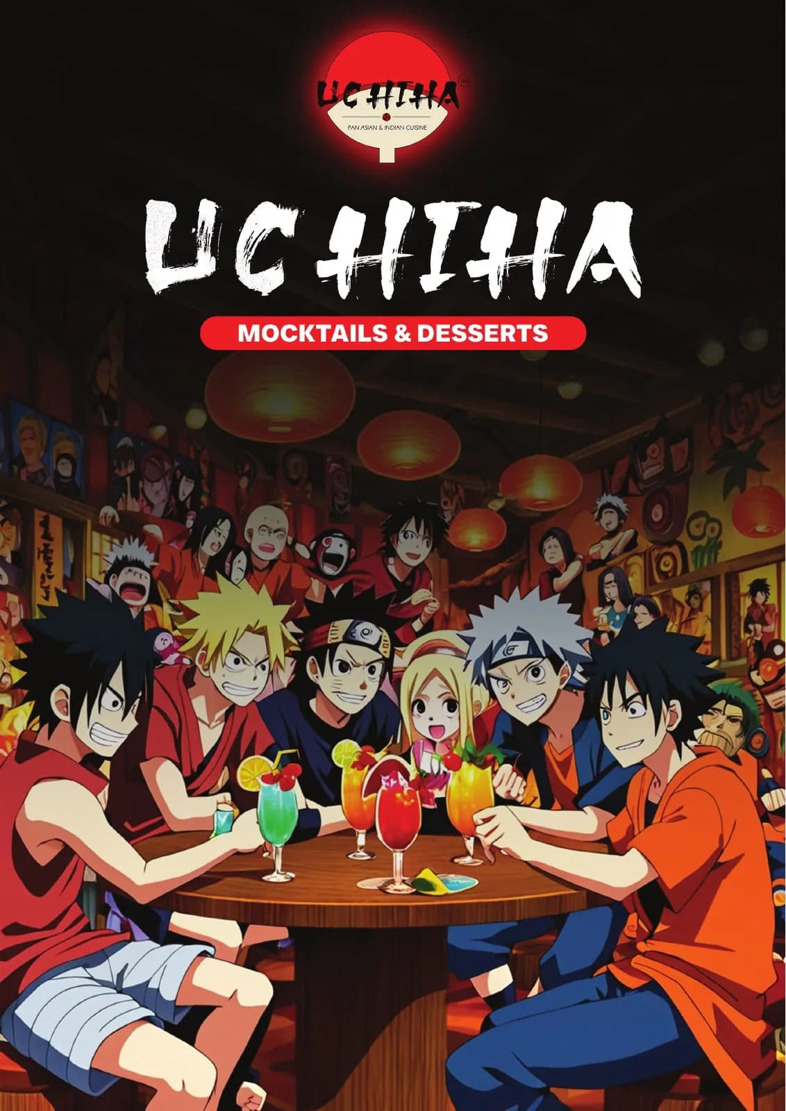 Uchiha red and black anime-themed mocktail menu cover