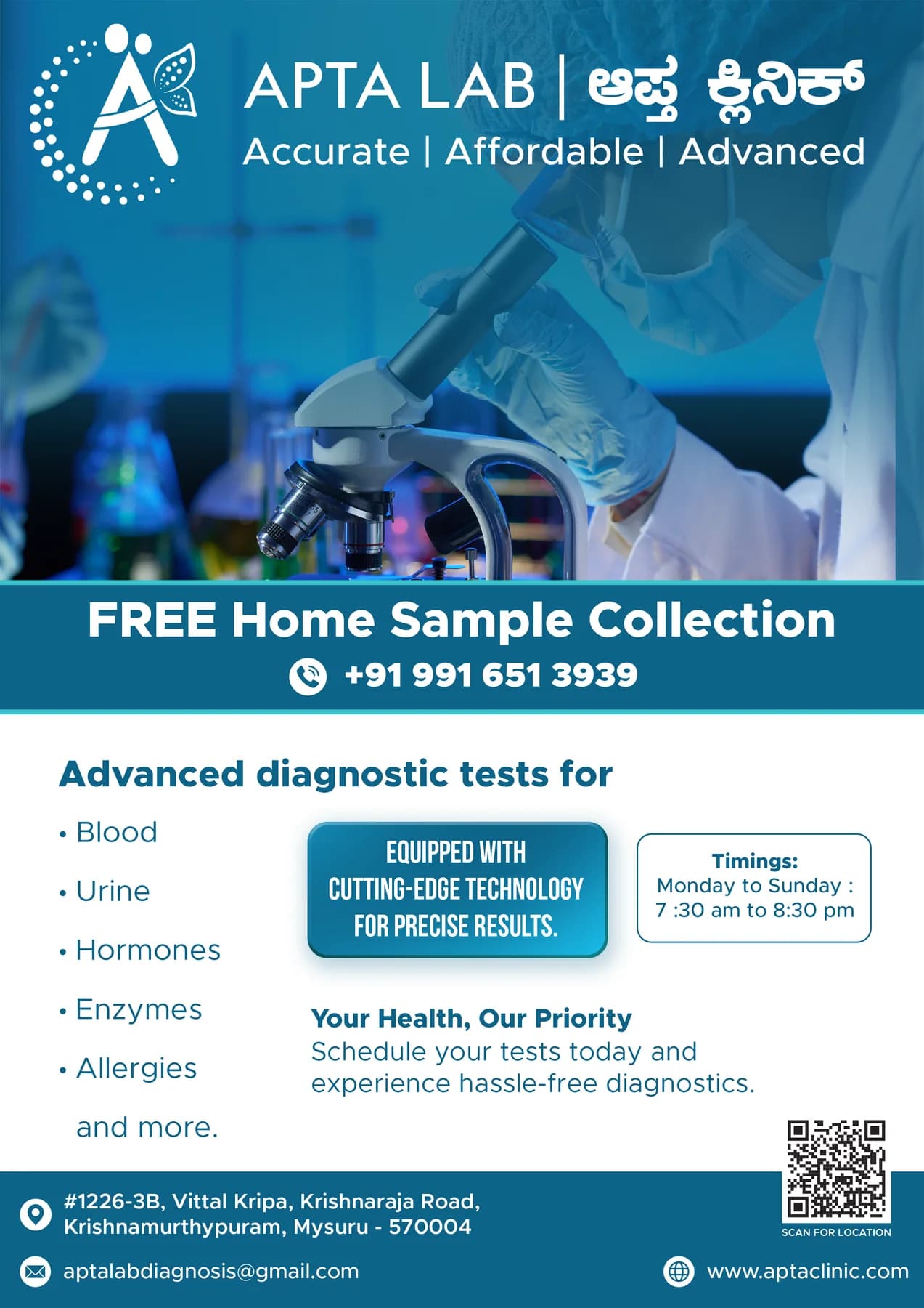 Apta Lab blue healthcare flyer for free home sample collection
