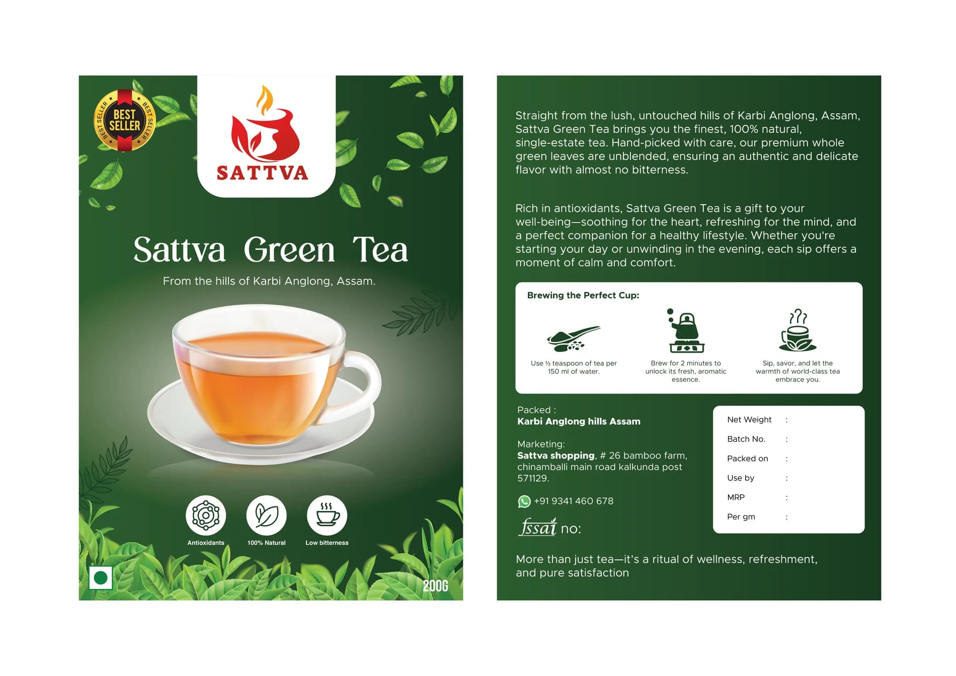 Sattva Green Tea front and back green packaging artwork