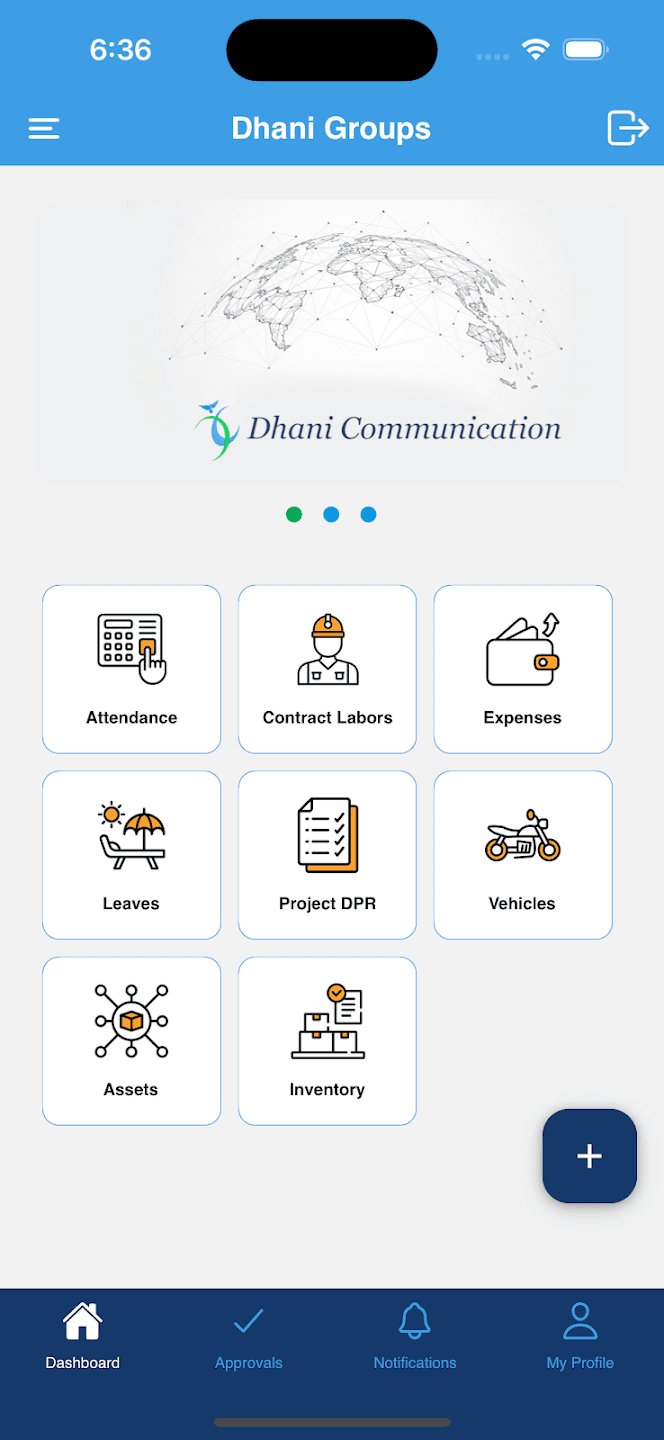 Workforce operations app dashboard for attendance, contract labour, expenses, projects, vehicles, assets and inventory