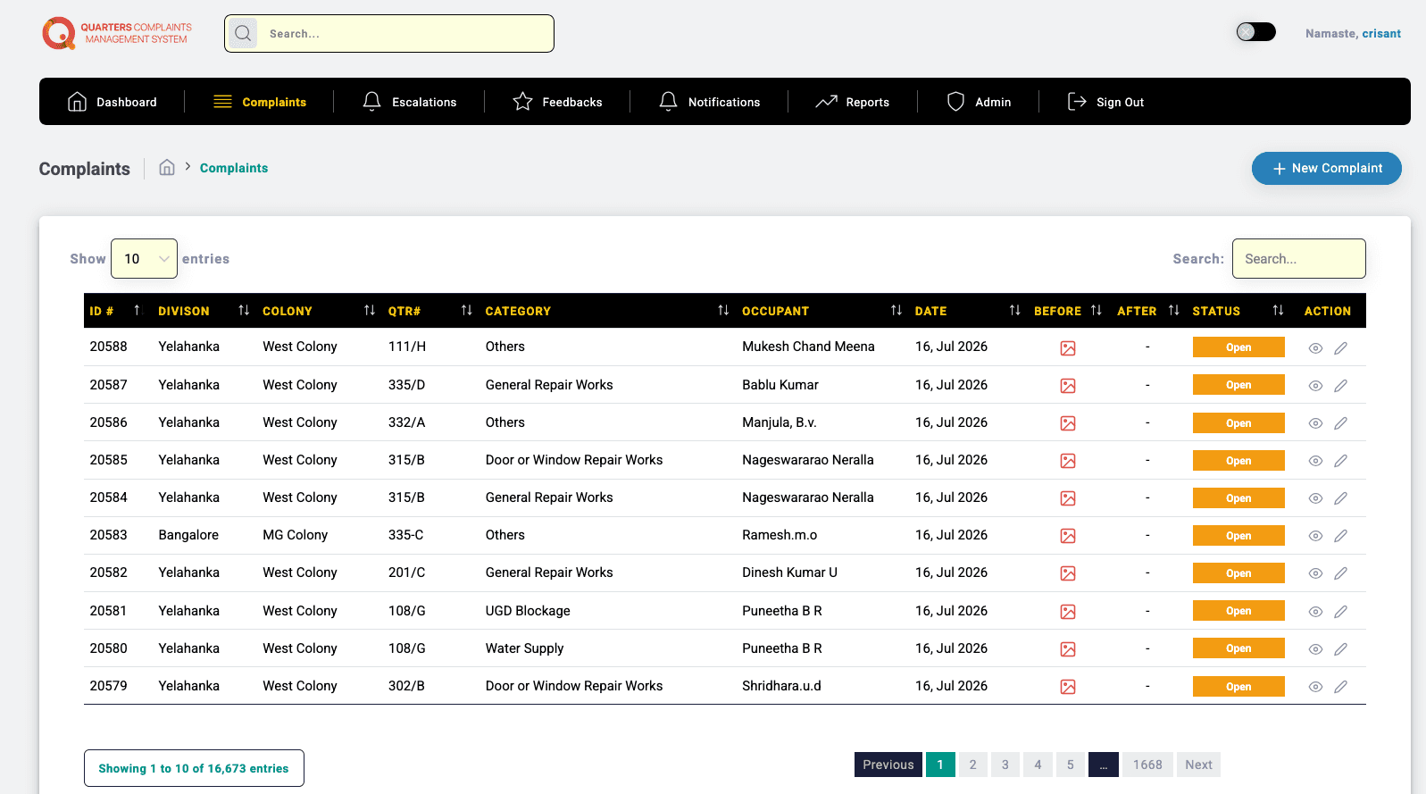 QCMS administration complaint register with division, colony, quarter, category, occupant, evidence and status