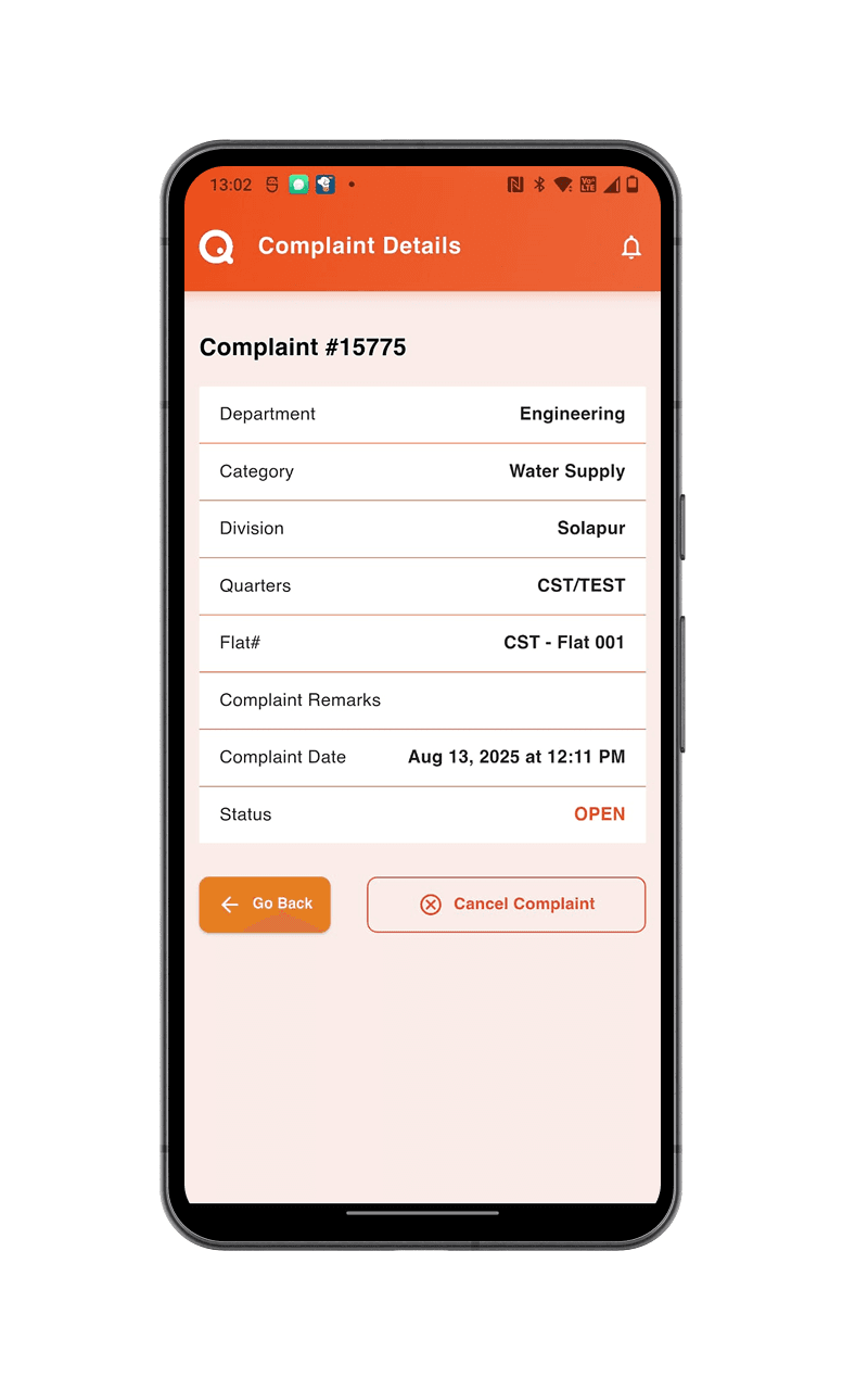 QCMS complaint details with department, category, division, quarter and current status