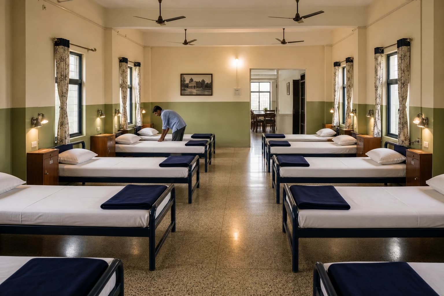 Clean and prepared Indian railway crew running room with orderly single beds