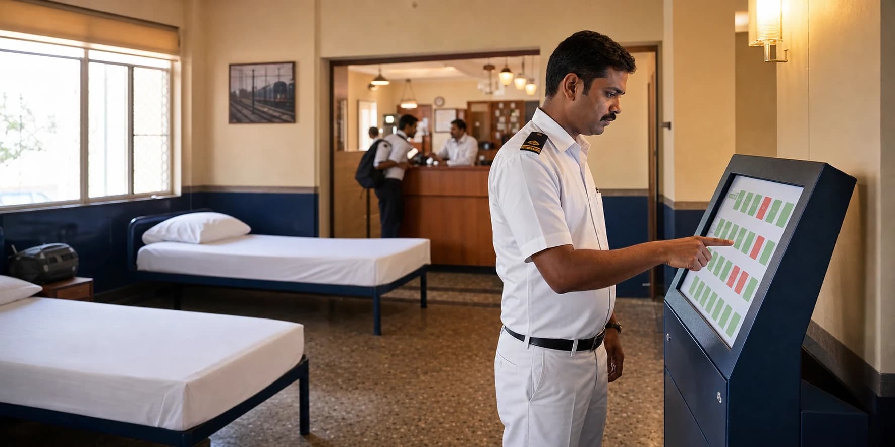 Indian loco pilot selecting an available bed from a running room self-service kiosk