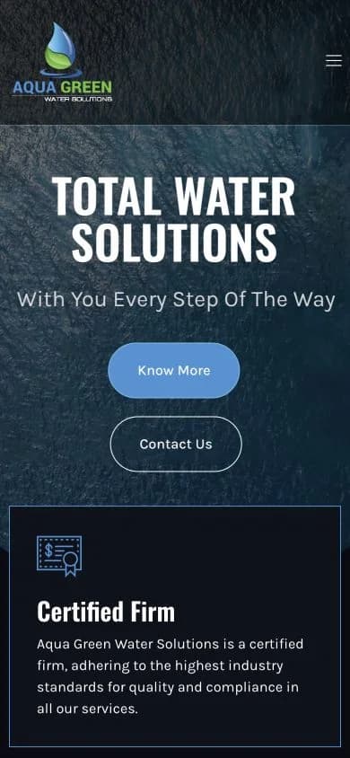 Aqua Green Water Solutions website shown at mobile viewport
