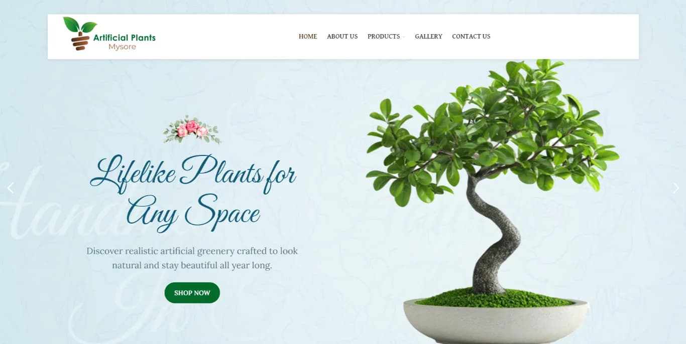 Artificial Plants Mysore website homepage design shown in a desktop browser