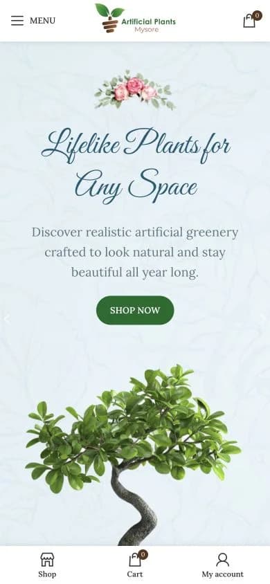 Artificial Plants Mysore website shown at mobile viewport
