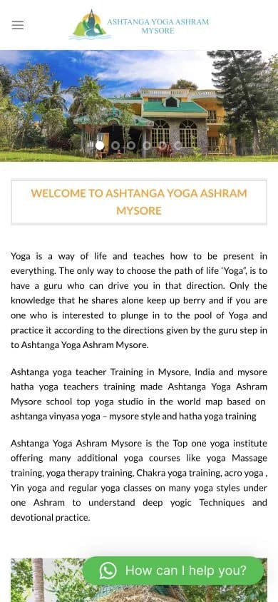 Ashtanga Yoga website shown at mobile viewport