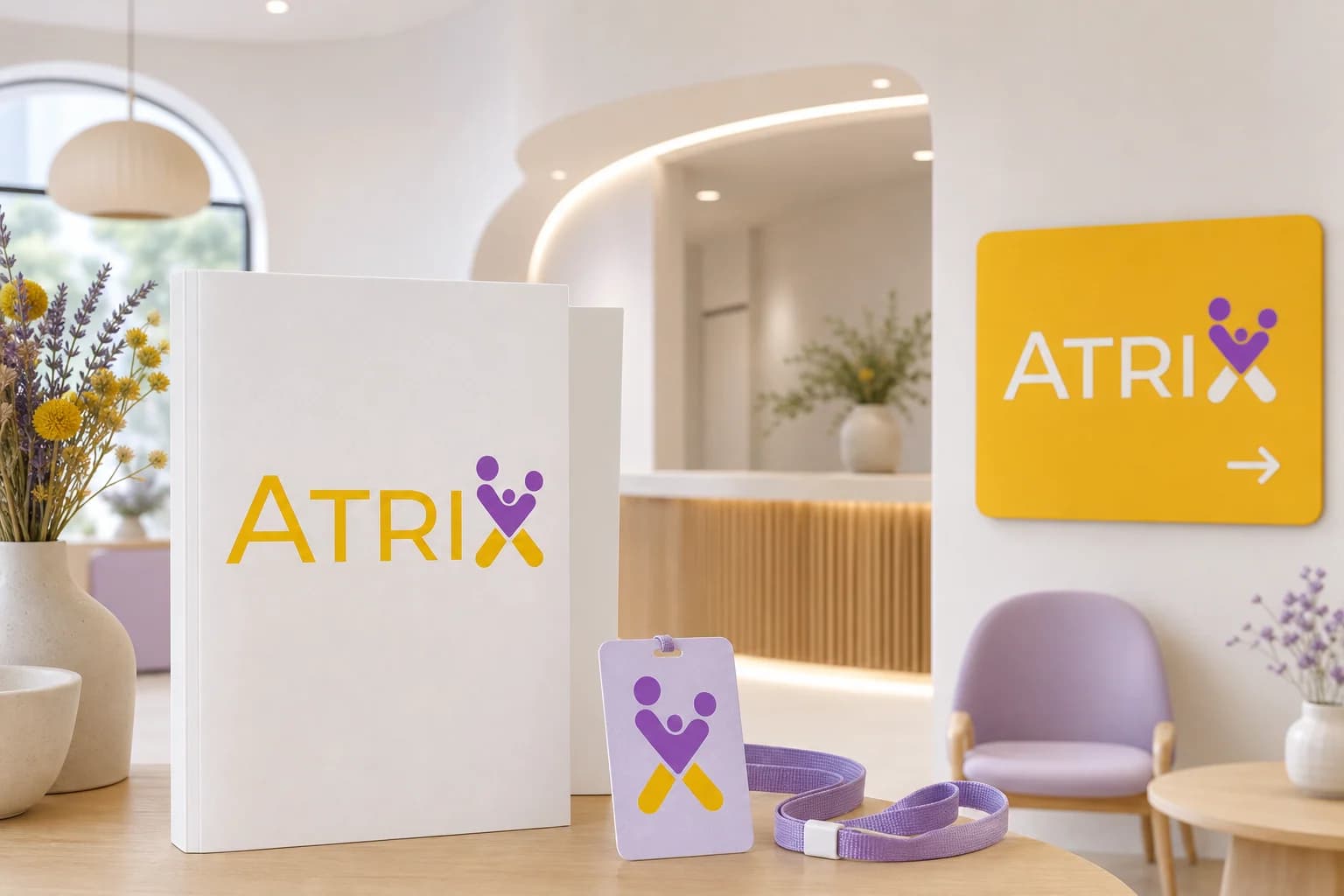 Atrix identity on a patient folder, lanyard and yellow wayfinding sign