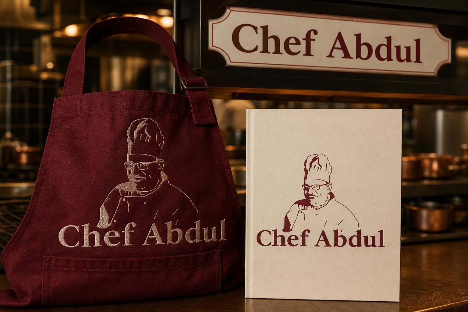 Chef Abdul identity on a burgundy apron, cream menu and kitchen wall sign