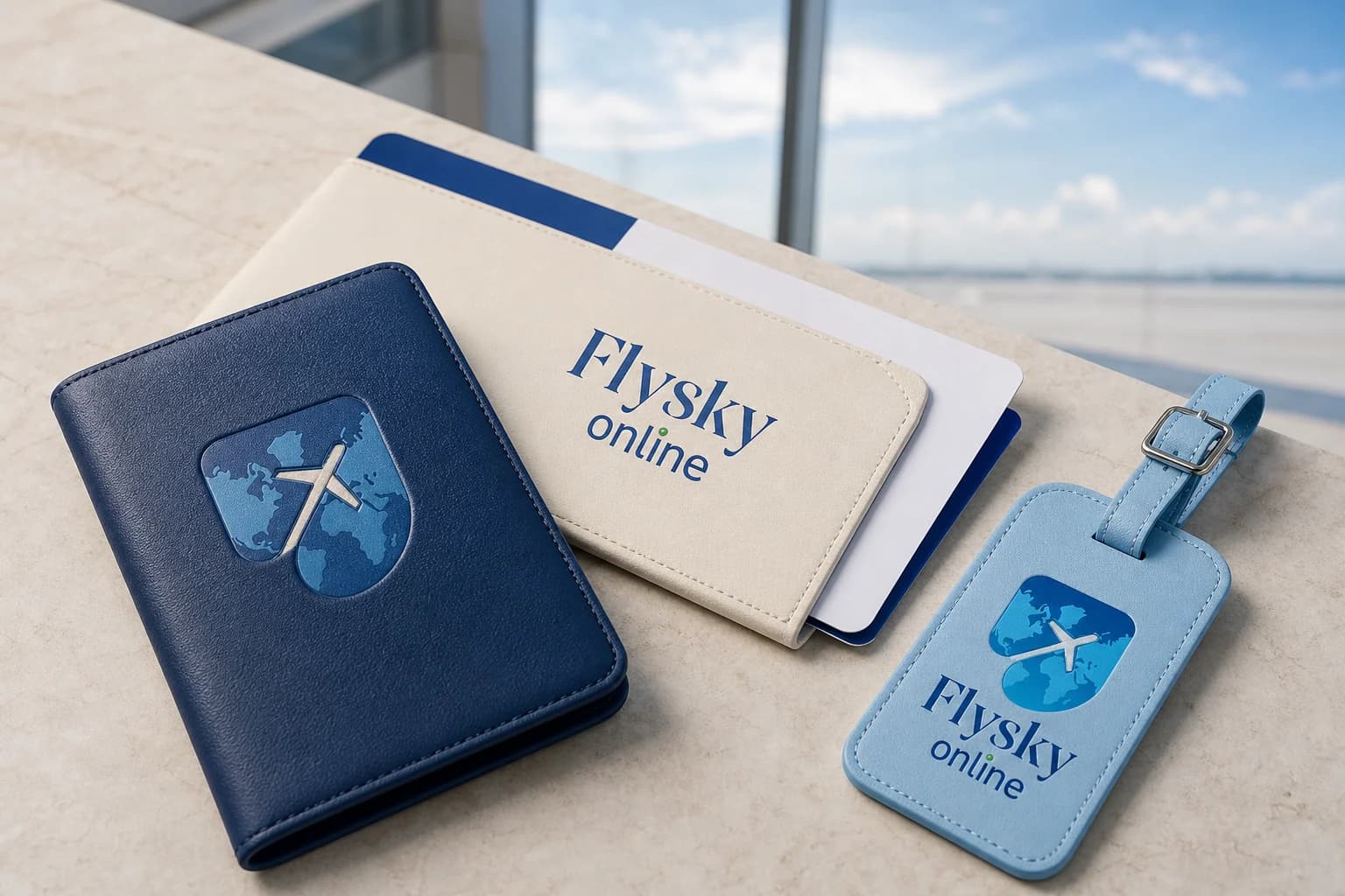 Flysky Online identity on travel wallet, luggage tag and boarding pass sleeve