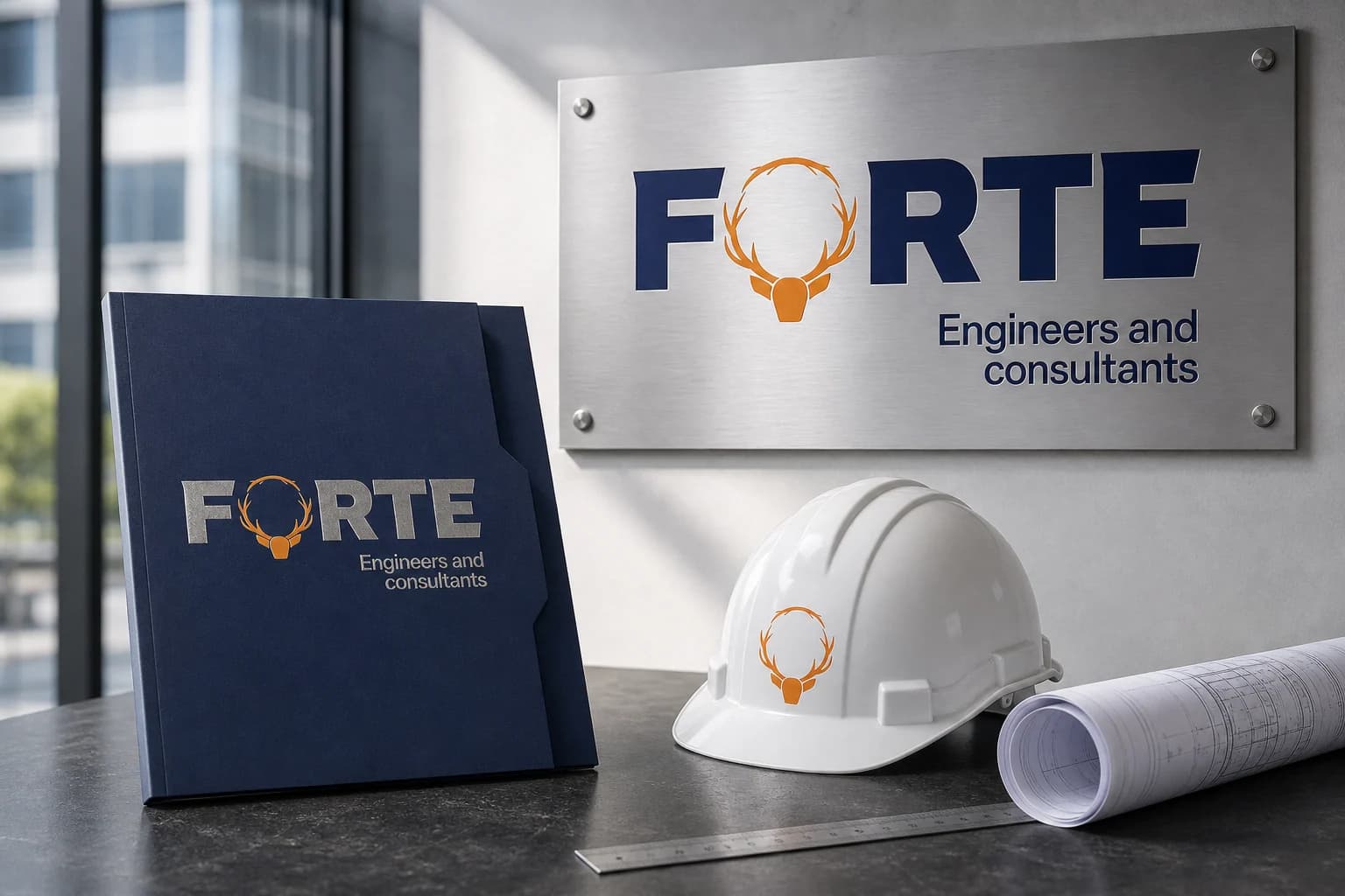 Forte Engineers identity on a project folder, hard hat and metal plaque
