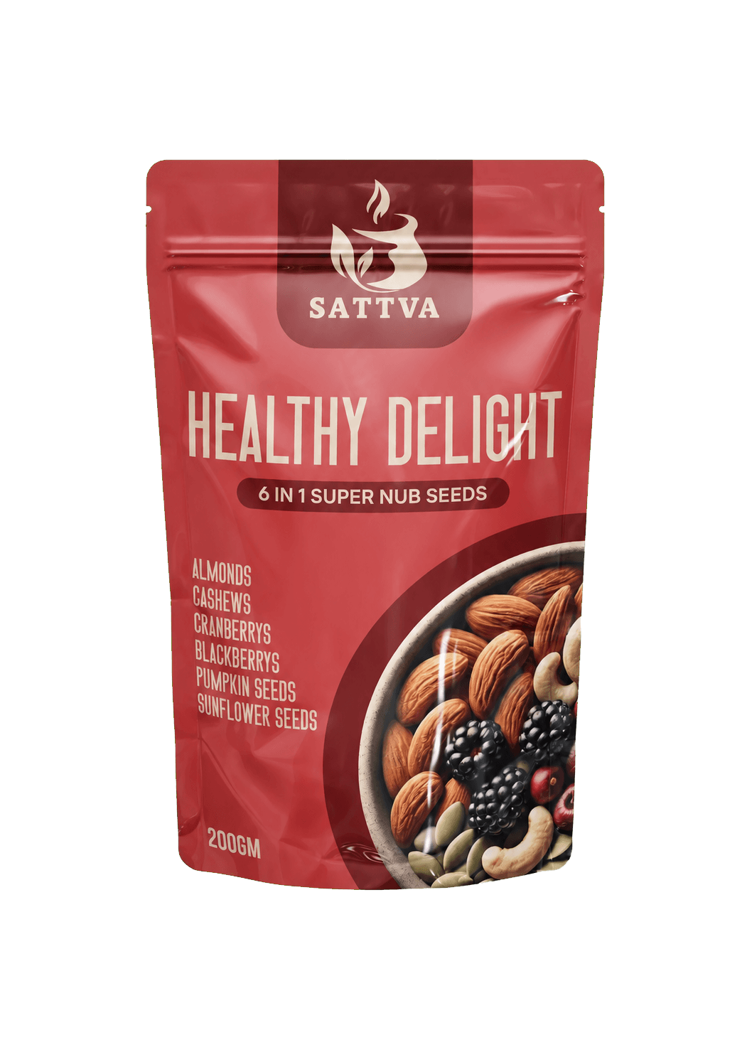 Sattva Healthy Delight red stand-up nutrition pouch isolated on a clean brand field