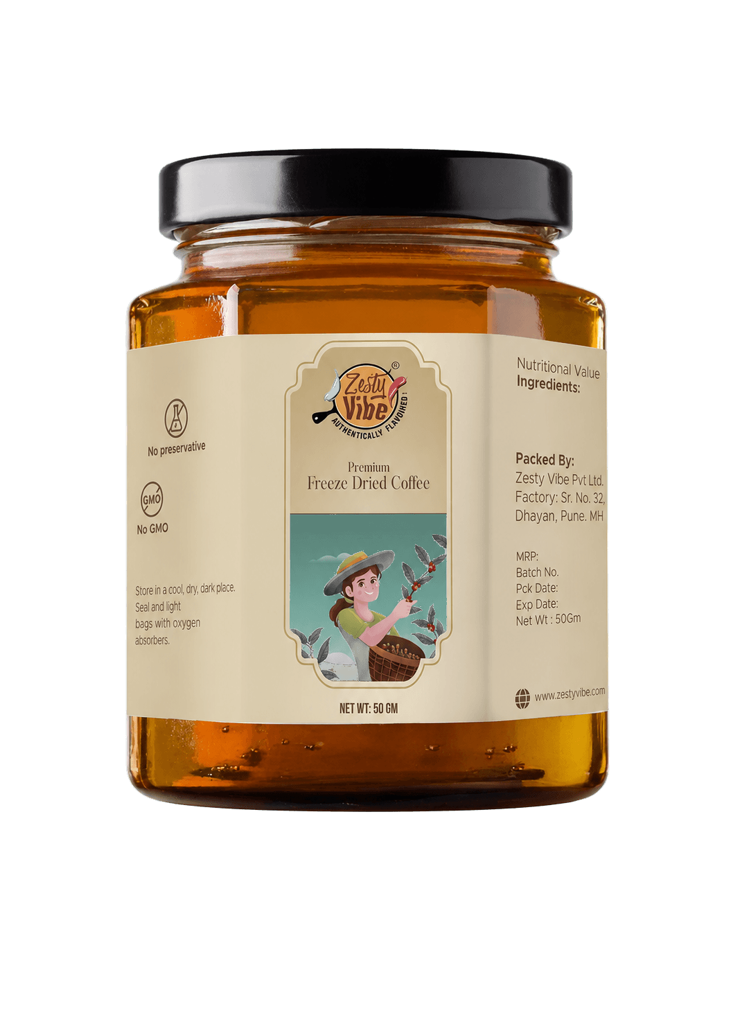 Zesty Vibe premium freeze-dried coffee jar isolated on a warm label-inspired field