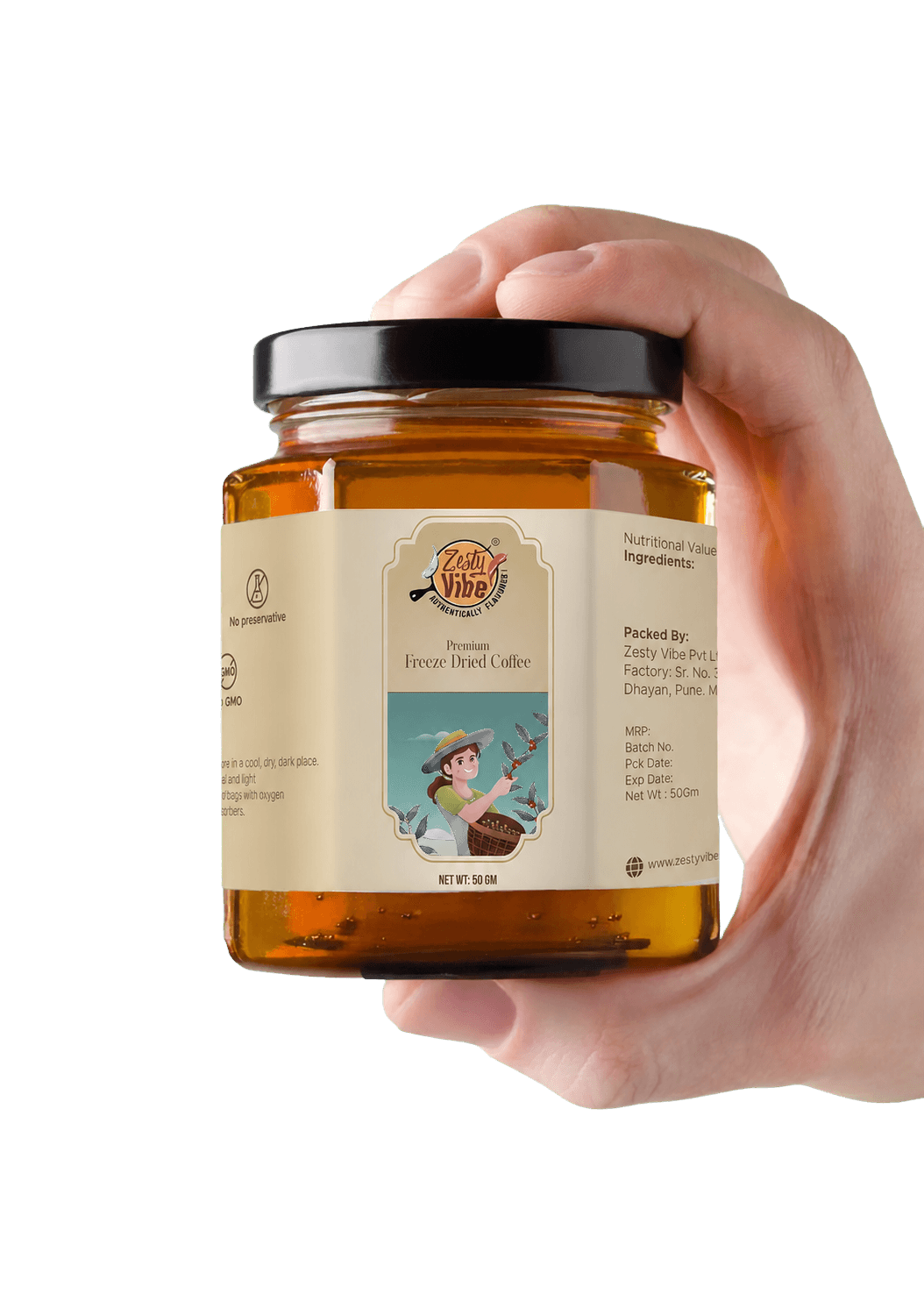 Zesty Vibe coffee jar held in hand on a clean paper-cream field