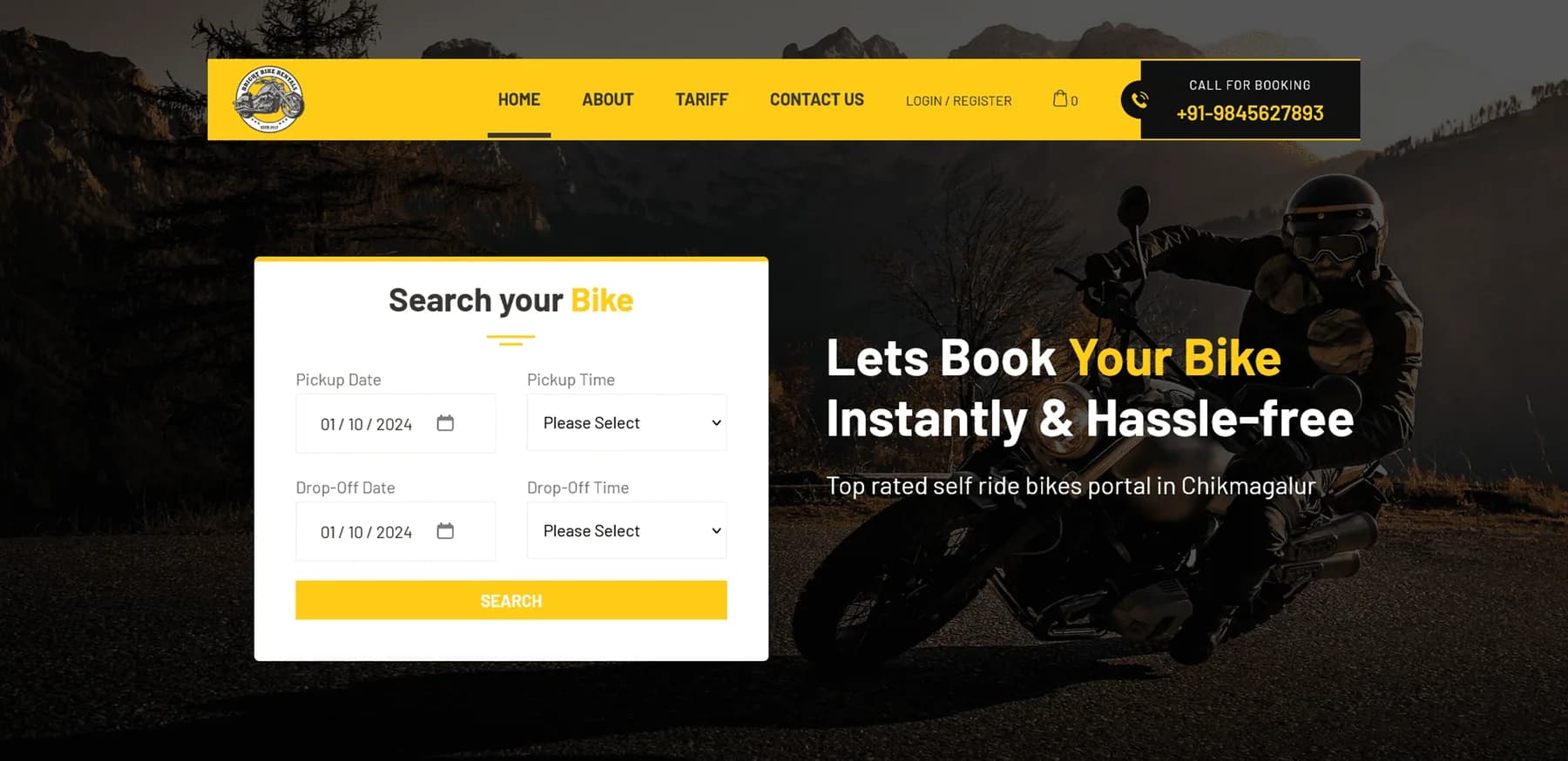 Bright Bike Rental website homepage design shown in a desktop browser