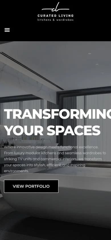 Curated Living website shown at mobile viewport