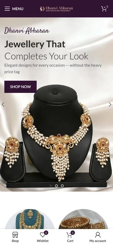 Dhanvi Abharan website shown at mobile viewport