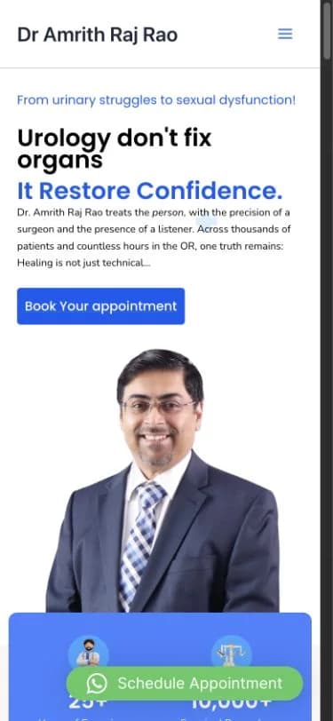 Dr. Amrith Raj Rao website shown at mobile viewport