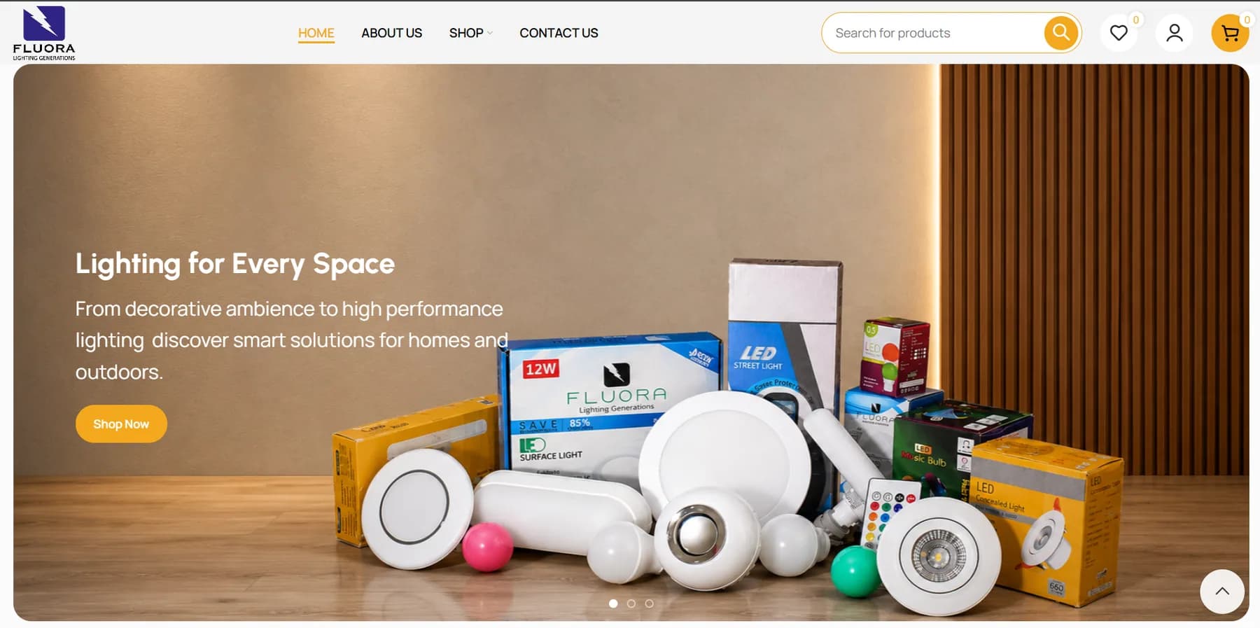 Fluora LED Lightings website homepage design shown in a desktop browser