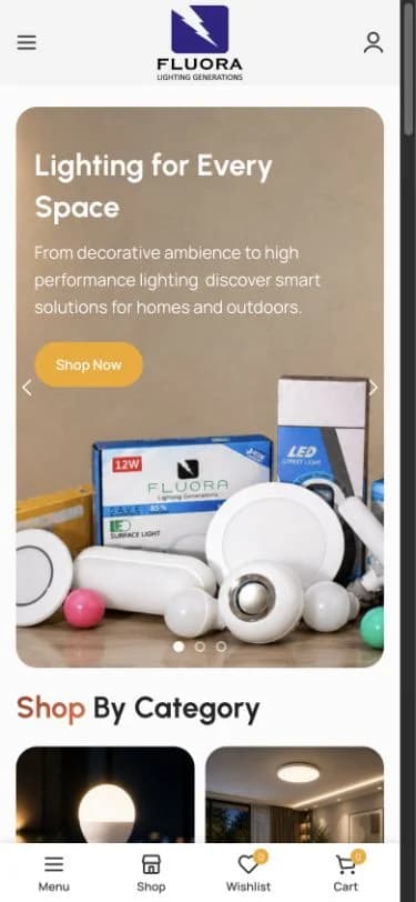 Fluora LED Lightings website shown at mobile viewport