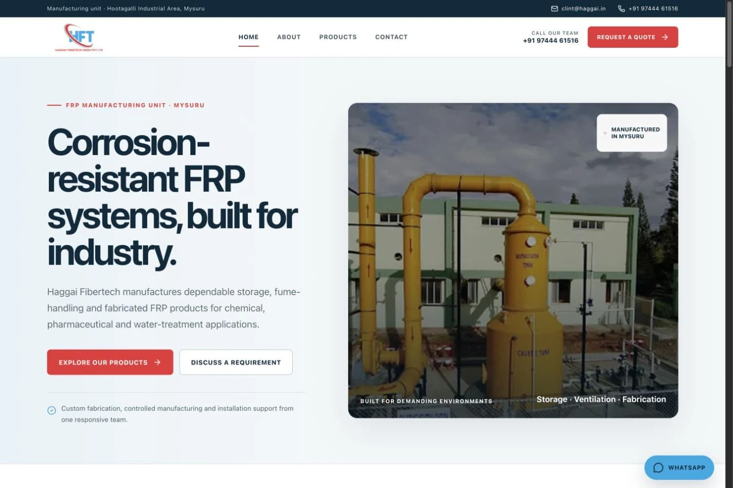 Haggai Fibertech website homepage design shown in a desktop browser