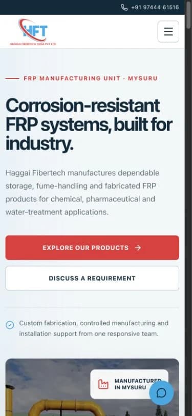 Haggai Fibertech homepage at a 390 pixel mobile viewport