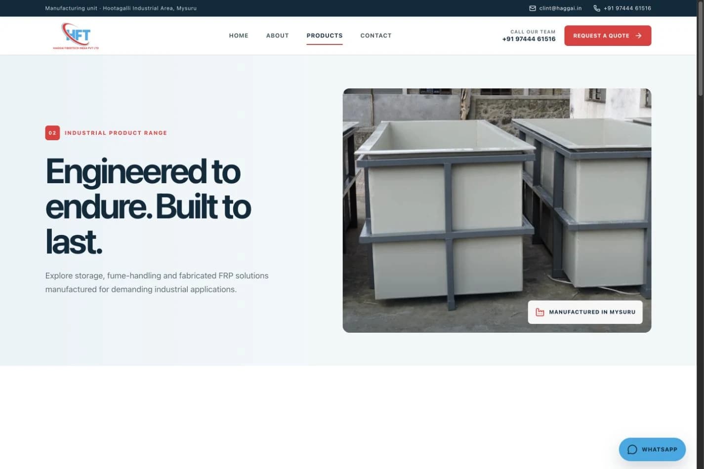 Haggai Fibertech industrial products page shown in a desktop browser