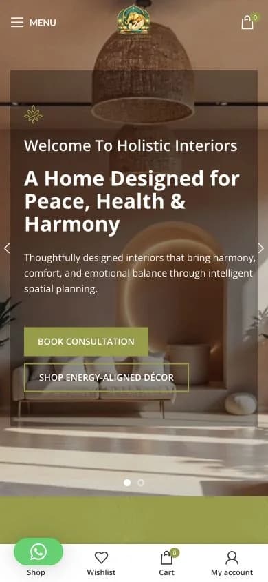 Holistic Interiors website shown at mobile viewport