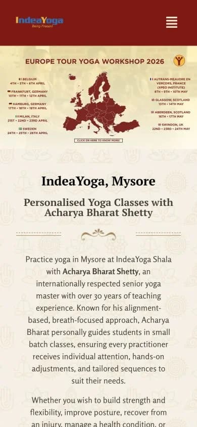 Indea Yoga website shown at mobile viewport
