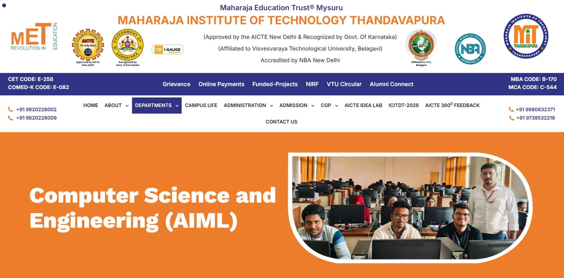 Maharaja Institute of Technology, Thandavapura (MITT) website homepage design shown in a desktop browser