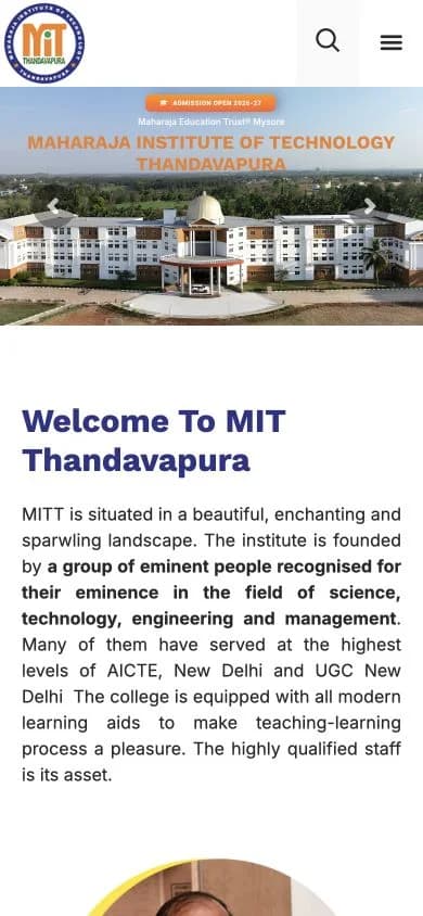 Maharaja Institute of Technology, Thandavapura (MITT) website shown at mobile viewport