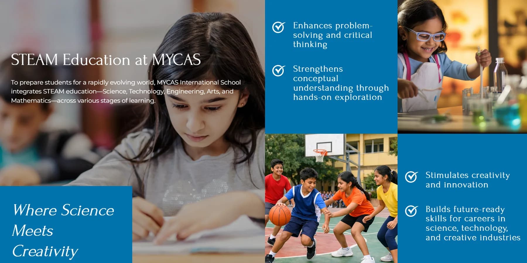 MYCAS International School website homepage design shown in a desktop browser
