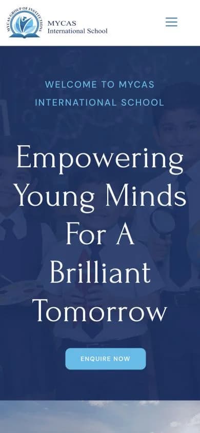 MYCAS International School website shown at mobile viewport