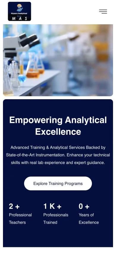 Mysore Analytical Services website shown at mobile viewport