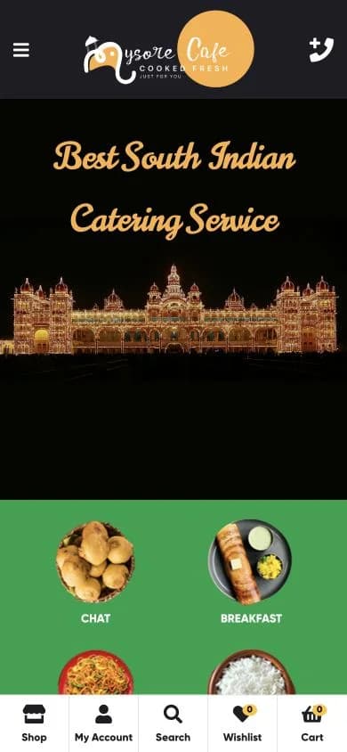 Mysore Cafe website homepage design shown in a desktop browser