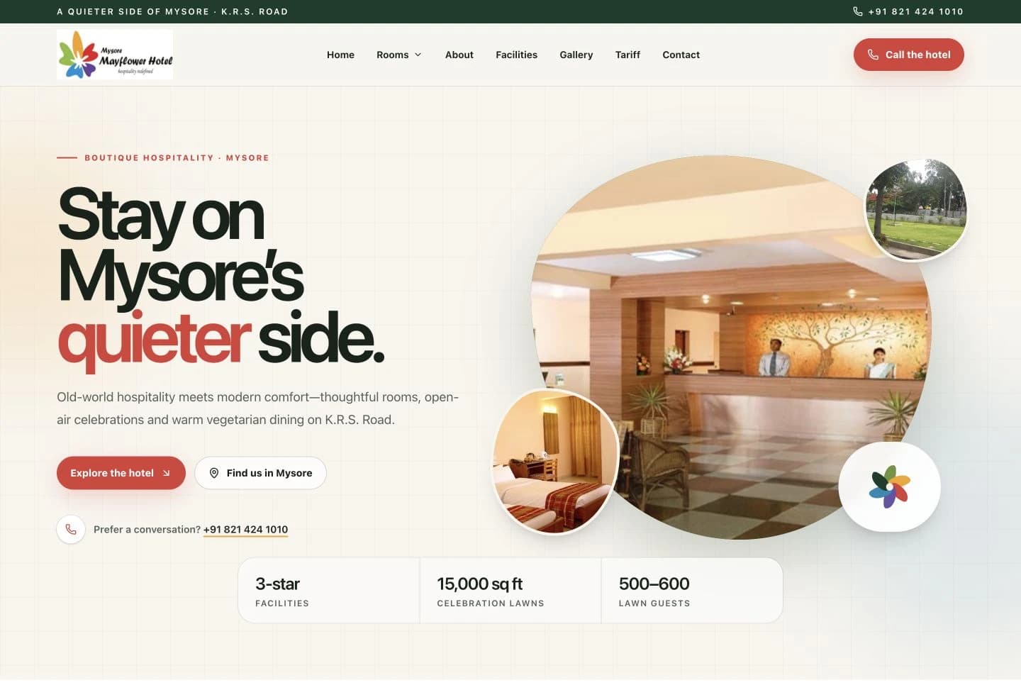 Mysore Mayflower Hotel website homepage design shown in a desktop browser