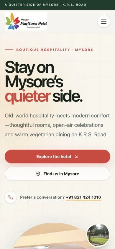 Mysore Mayflower Hotel homepage at a 390 pixel mobile viewport