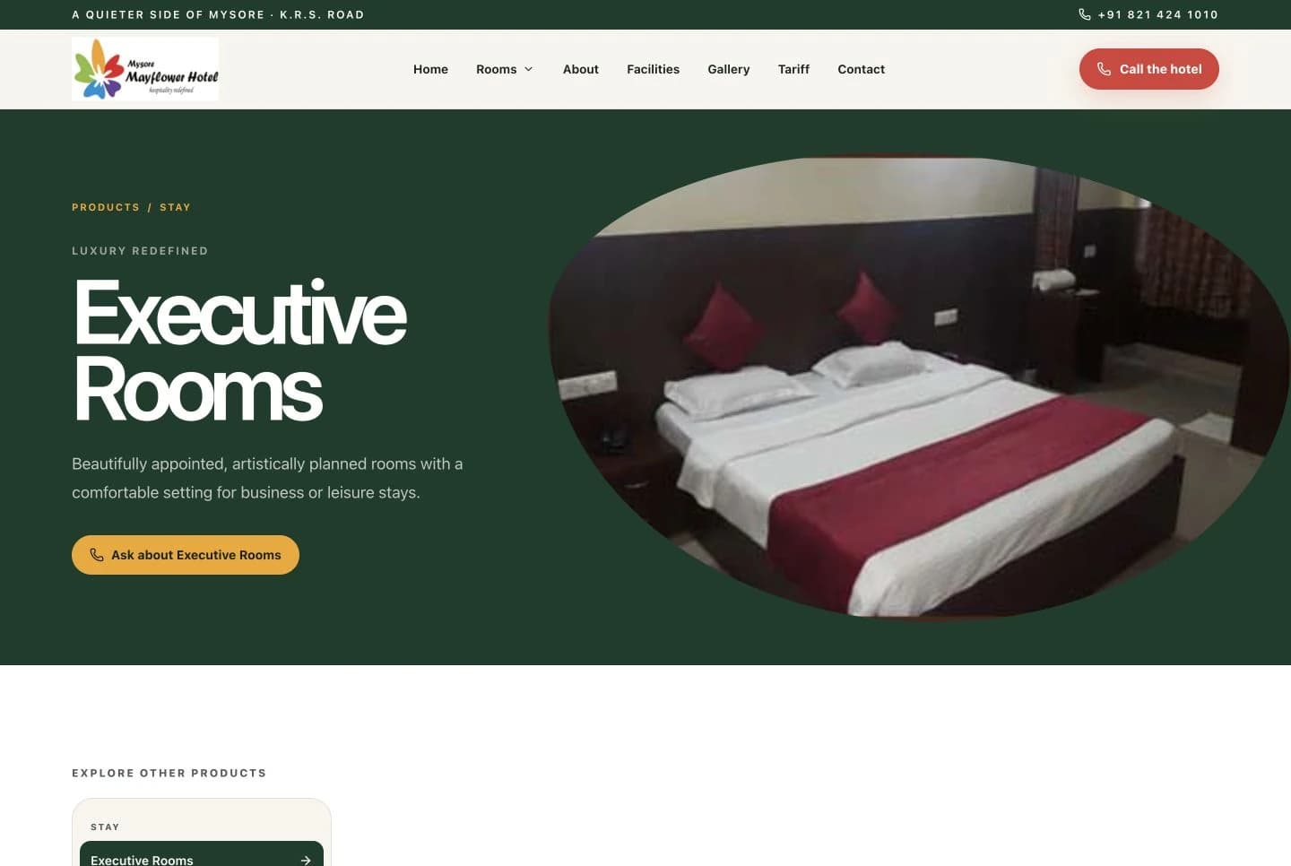 Mysore Mayflower Executive Rooms page shown in a desktop browser