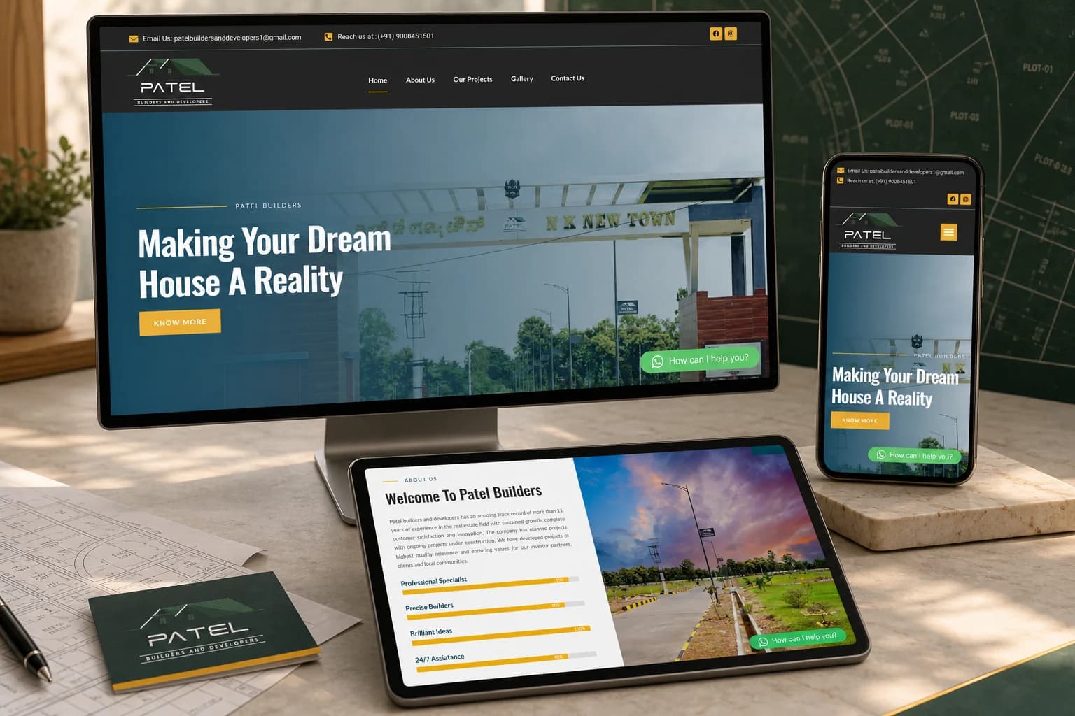 Patel Builders website shown across desktop, tablet and mobile devices